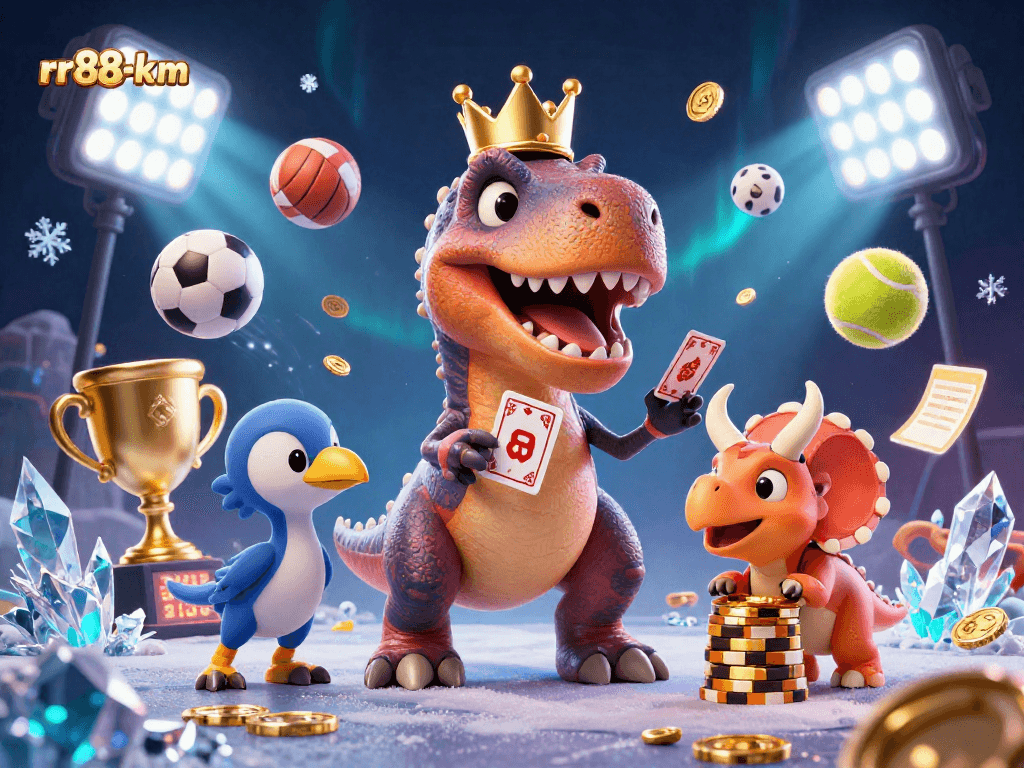 Engaging scene of rr88-km characters gambling with cards and chips amidst vibrant sports elements.