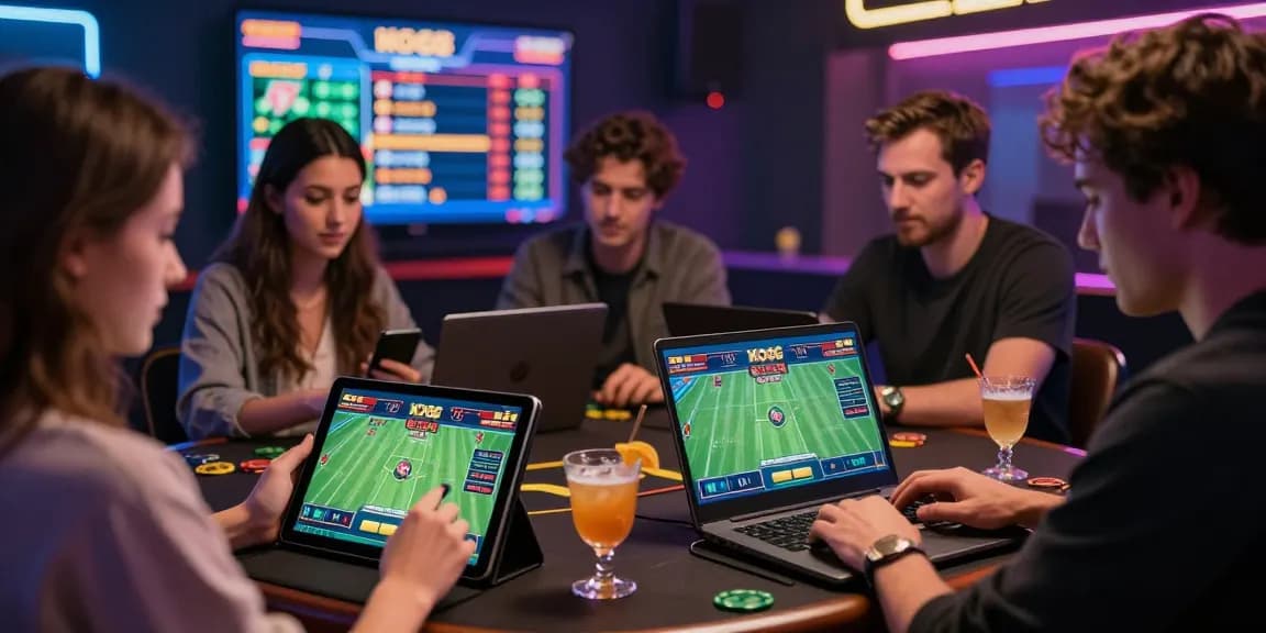 Exciting KO66 online gambling experience with friends enjoying sports betting and casino games on digital devices.