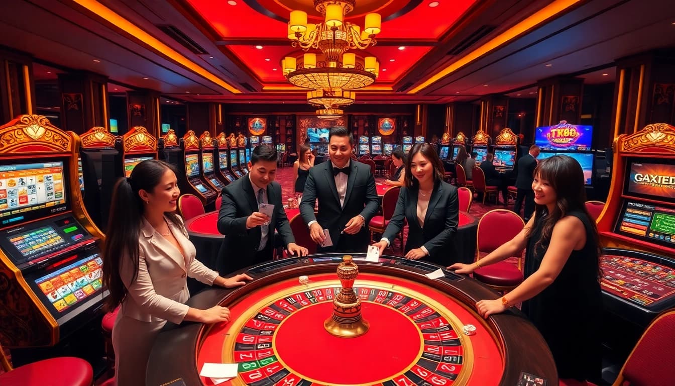 Players enjoying games at nhà cái tk88, showcasing a vibrant casino atmosphere with poker, roulette, and slot machines.