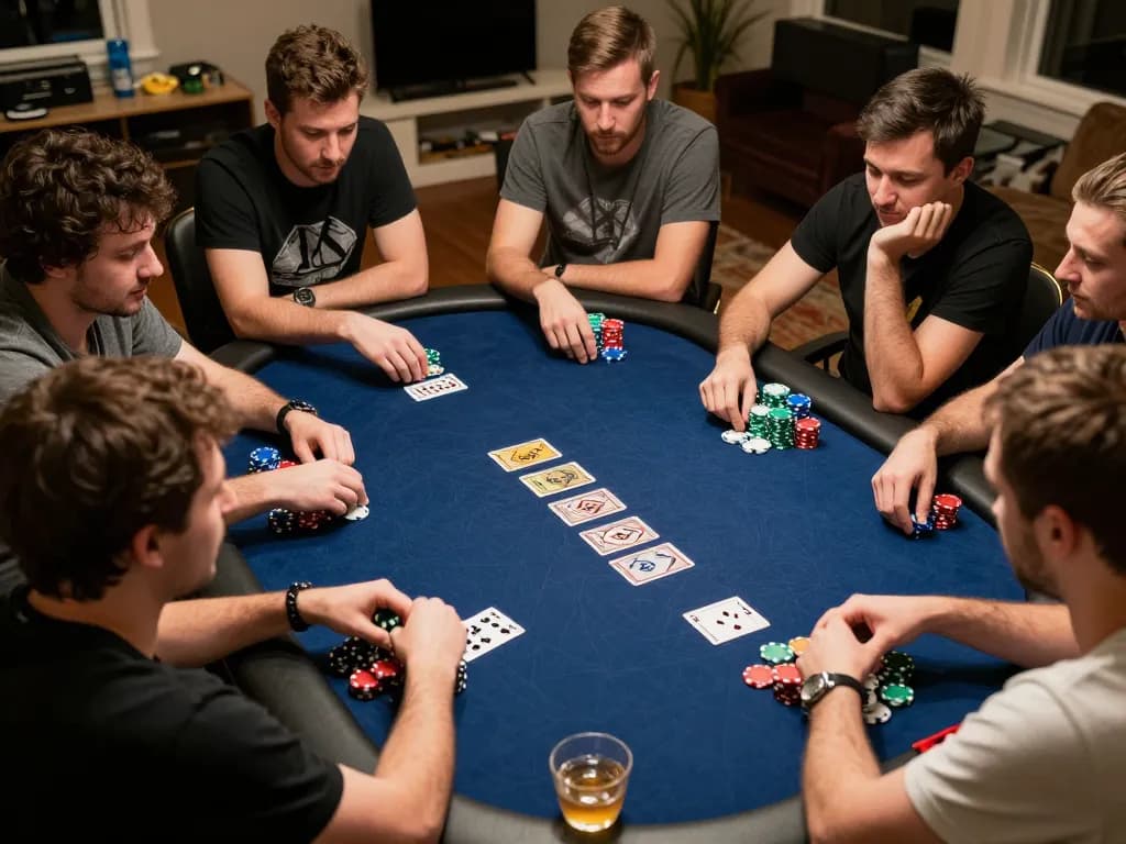 Players engaged in strategic poker gameplay at a home gathering featuring LV88 gaming