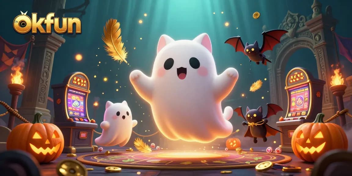 okfun players winning big with a ghost cat and vampire bat in a haunted casino scene