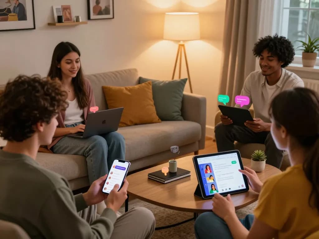 Crushon AI interaction scene with diverse users chatting in a cozy setting, showcasing digital companionship.
