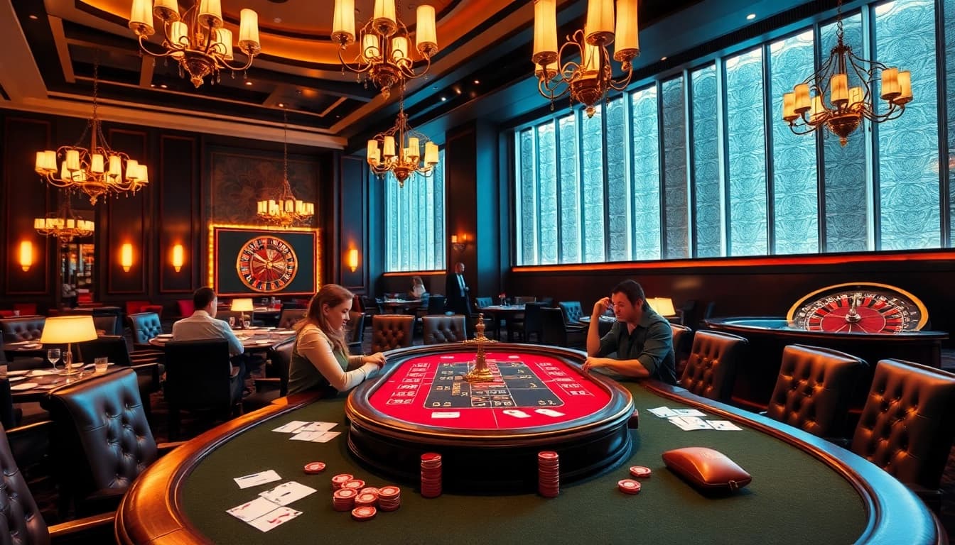 Players enjoying high-stakes poker at 98win's premium casino, surrounded by luxury and excitement.