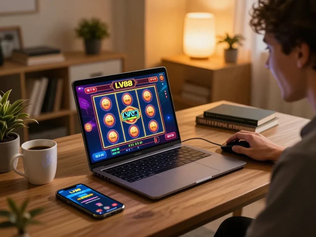 Engaged user playing LV88 online casino slot games in a cozy home setup.