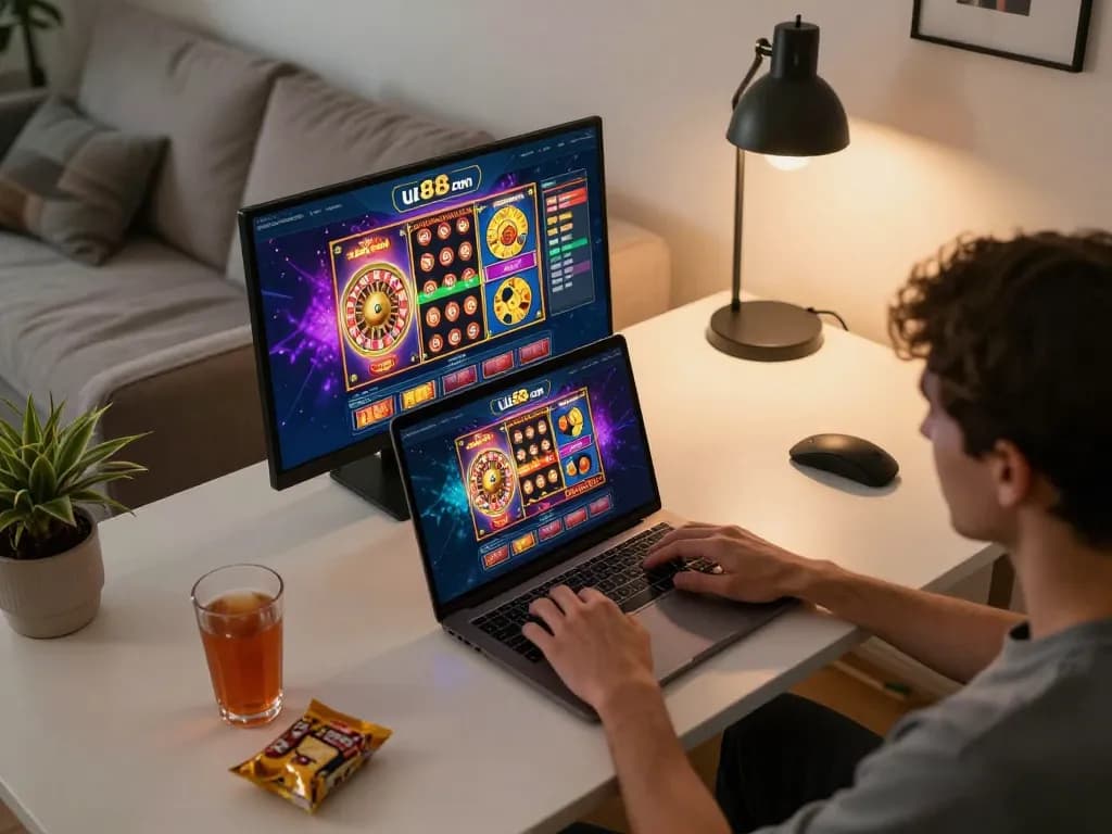 Player engaging with the uu88 com online casino platform on a stylish gaming laptop setup.