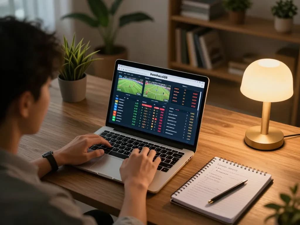 Engaging moment of a user strategizing sports bets on keonhacaii88, showcasing analytical notes and laptop interface.