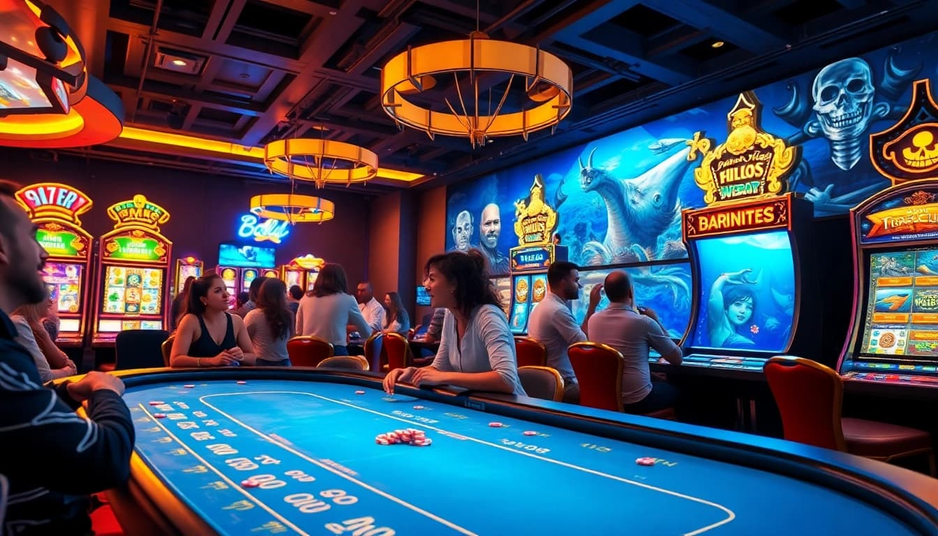 Exciting online gambling scene at 789b with vibrant poker tables and slot machines.