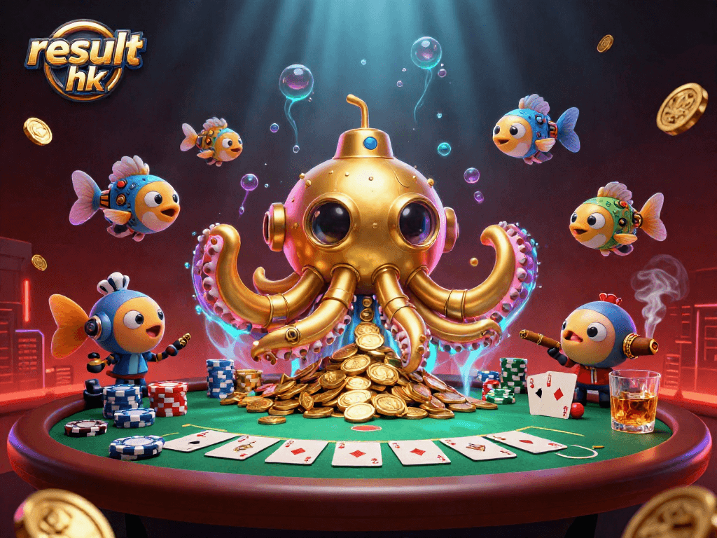 Play poker and discover the result hk with a golden kraken submarine amidst rich casino elements.