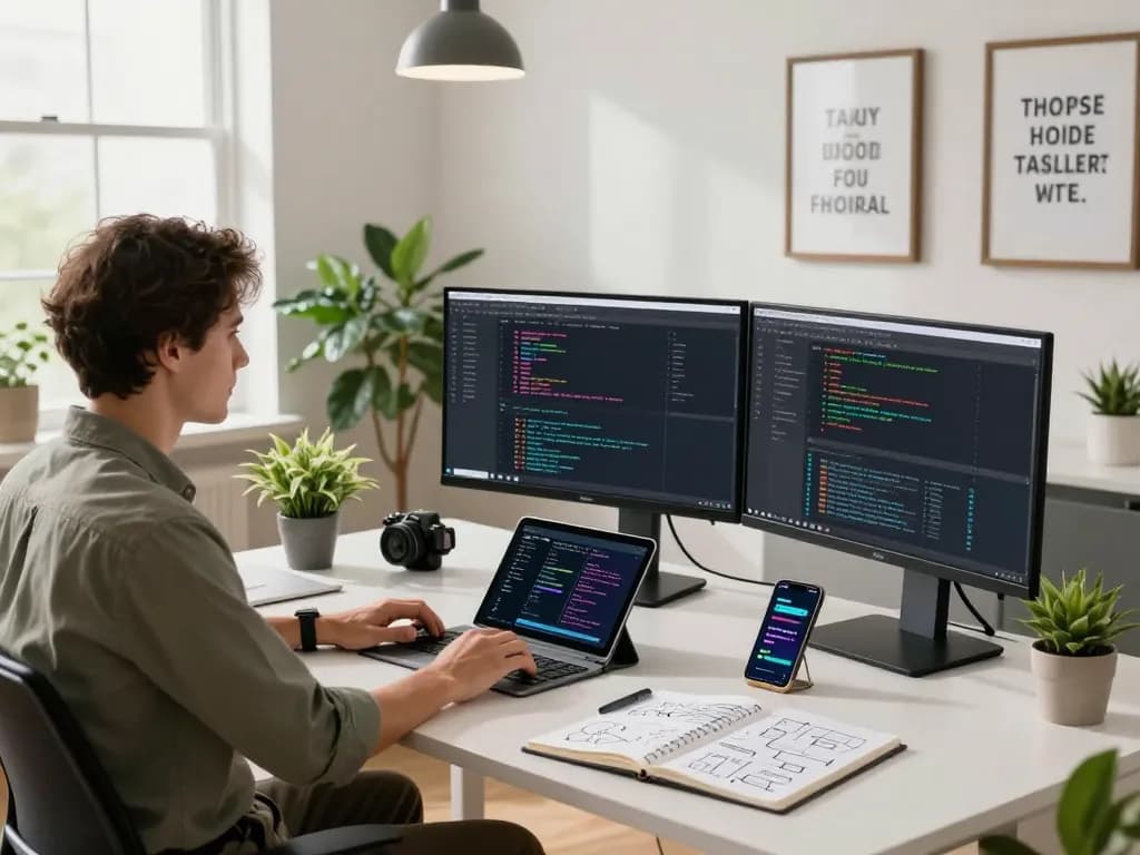 Software engineer coding TA88 app features in a vibrant workspace.