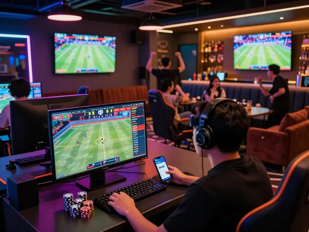 Person engaging with bk8 sports betting in a vibrant gaming lounge.