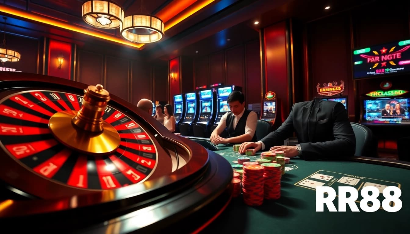 Engage in the excitement of ĐĂNG NHẬP RR88 with players at a lavish casino, cards, chips, and a roulette wheel on display.