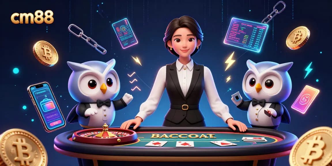 Engaging cm88 casino scene with Asian woman dealer, owl assistant, and crypto elements.