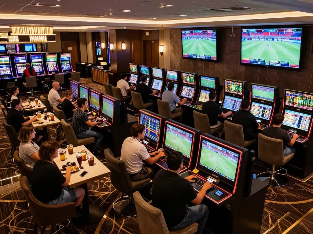 Excited bettors analyzing odds on screens at nhandinhkeonhacai sports betting lounge.