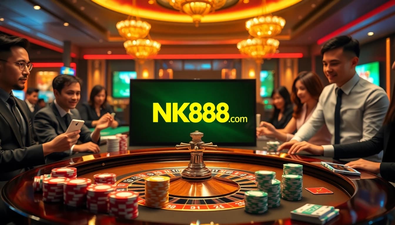 Gamblers enjoying an immersive experience at NK88 com's online casino, surrounded by vibrant games and excitement.