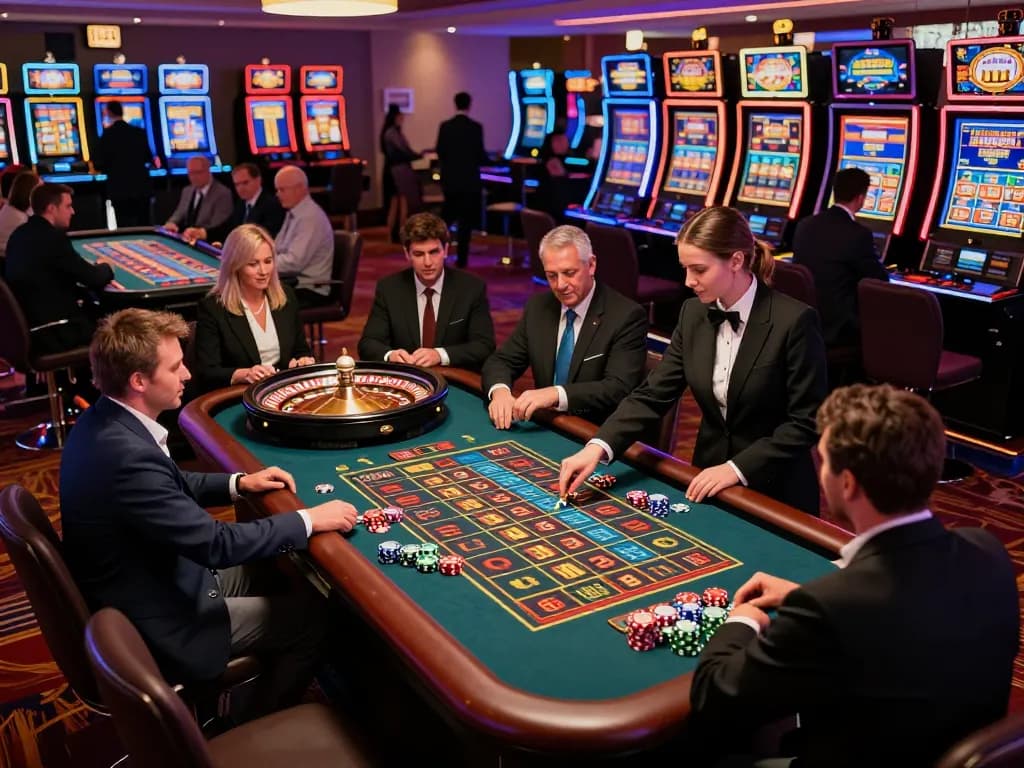 Engaged players placing strategic bets at the lively Zowin roulette table in a vibrant casino atmosphere.