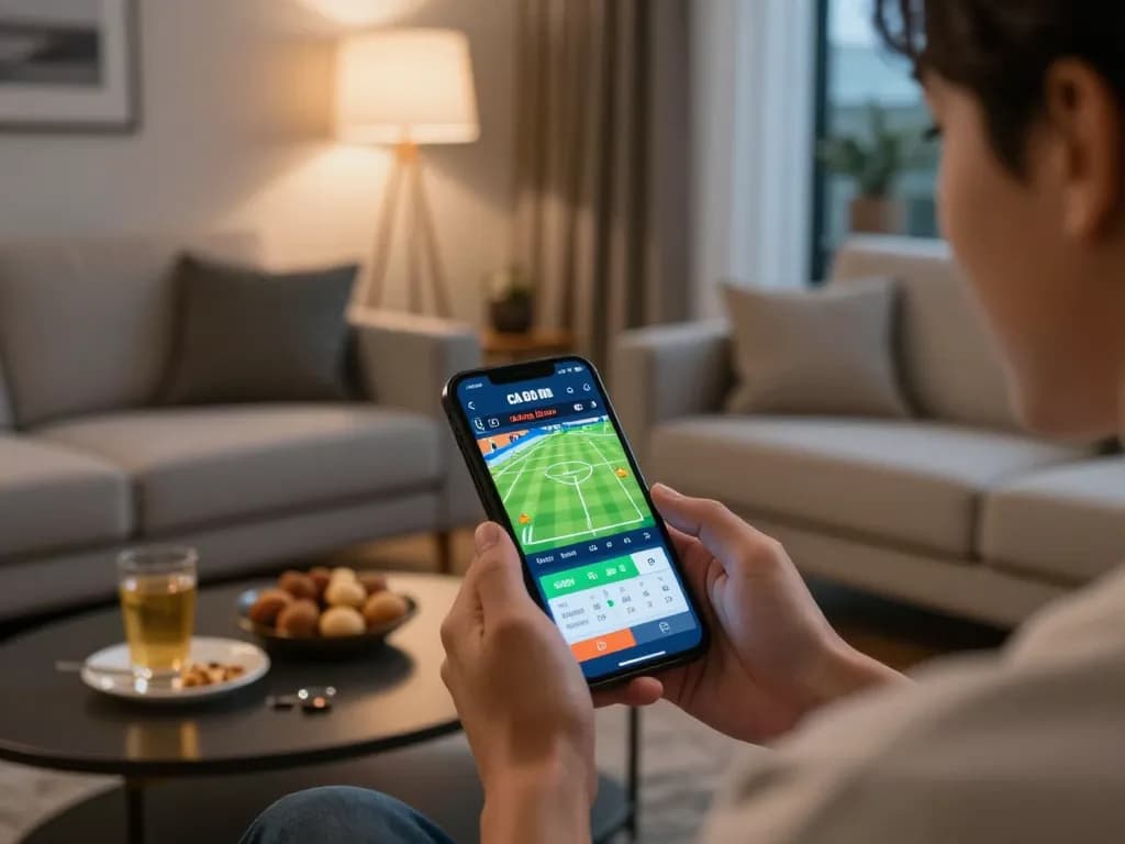 Cá Độ Bóng Đá betting action on mobile app in a cozy home setting.