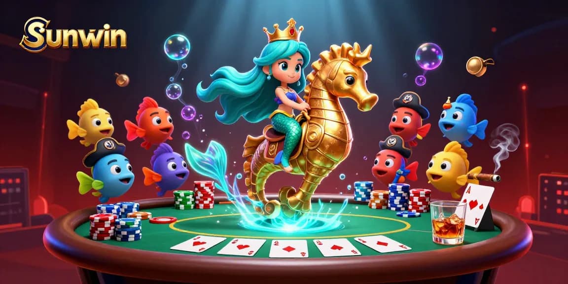 Engage with sunwin's vibrant underwater casino scene featuring a mermaid princess and poker excitement.