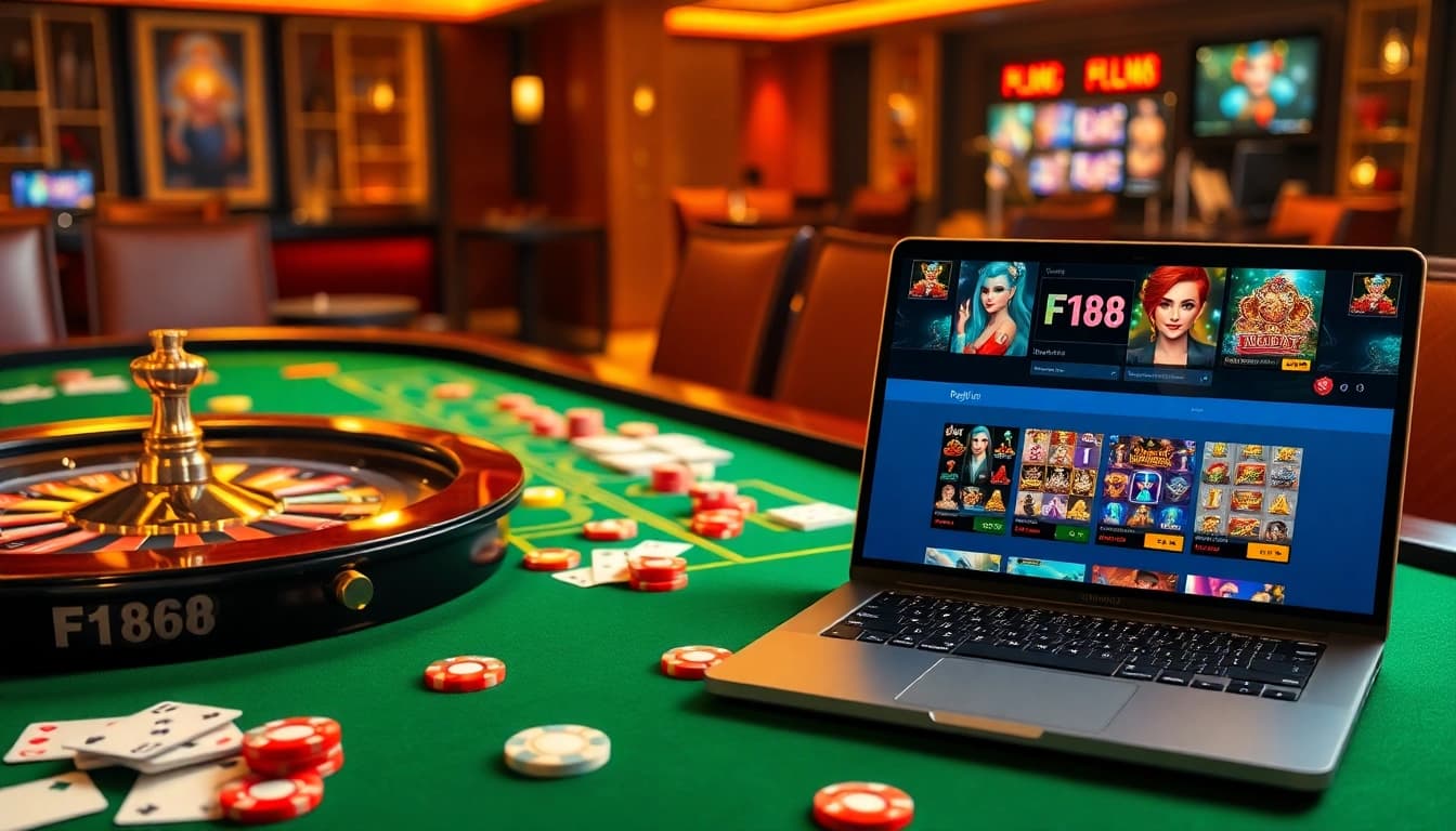 Engaging scene illustrating đăng ký F168 with vibrant casino elements for online gambling excitement.
