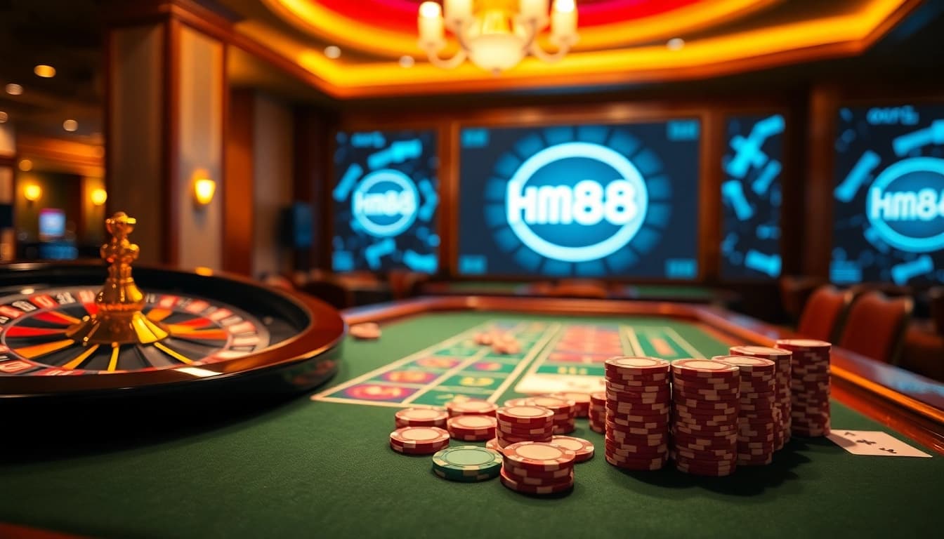 Experience high-stakes gaming at https://hm88.blue/ with vibrant casino tables and roulette wheels.