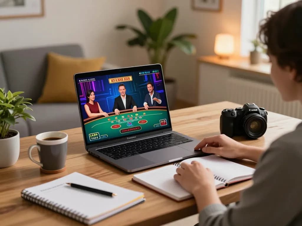 Engaging in live casino gameplay on TR88 laptop with warm home office atmosphere.