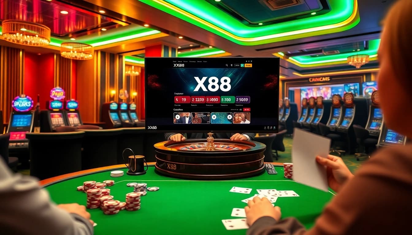 Experience the thrill of gaming at https://xx88.moe/ with a vibrant casino scene featuring a professional dealer and players.