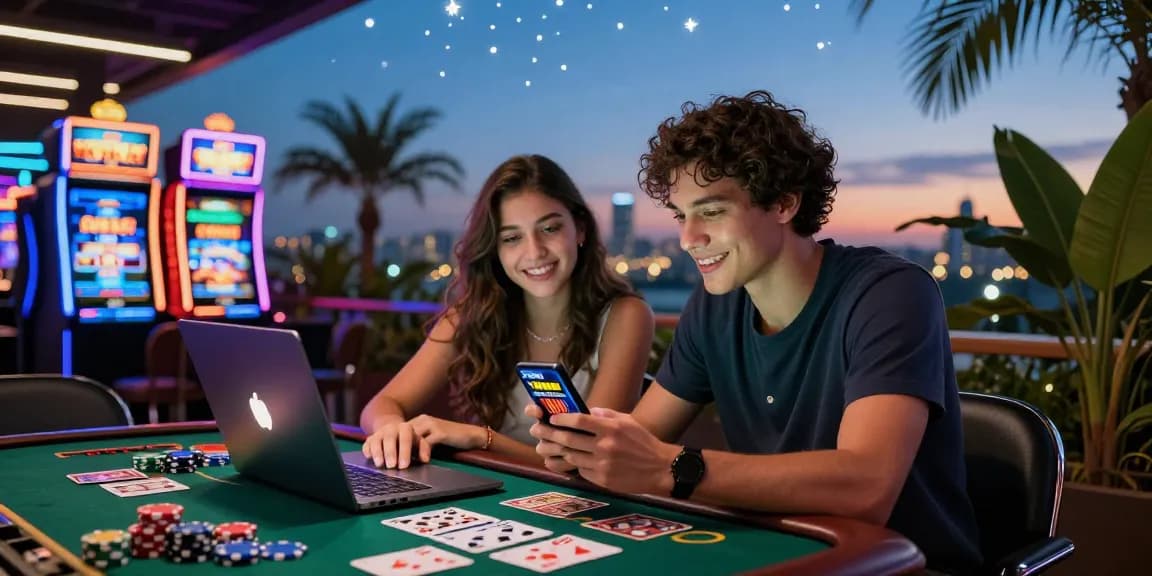 Online casino experience at https://transact.org.uk with friends enjoying gaming bonuses under a sunset skyline.