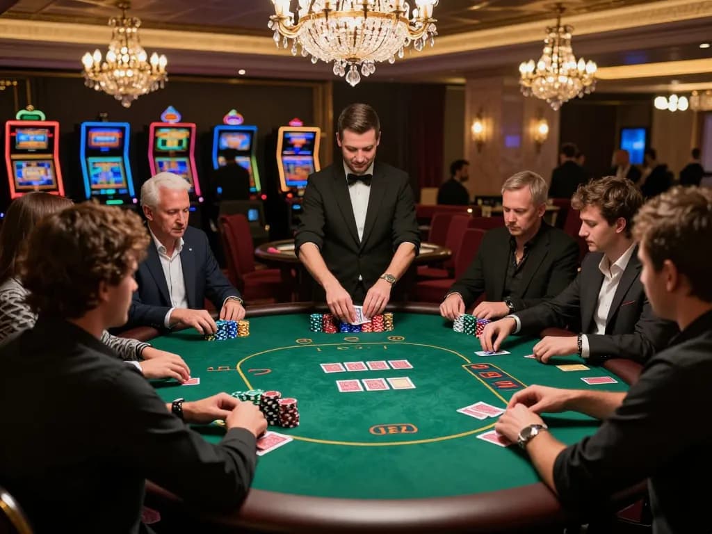 Engaged players at nhà cái lv88's poker table, showcasing intense gameplay and vibrant casino atmosphere.