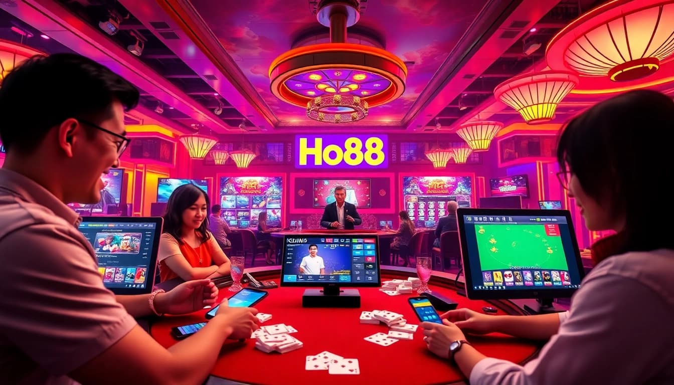 Engaged players enjoying Ho88 online gambling platform with vibrant visuals and live dealer interaction.