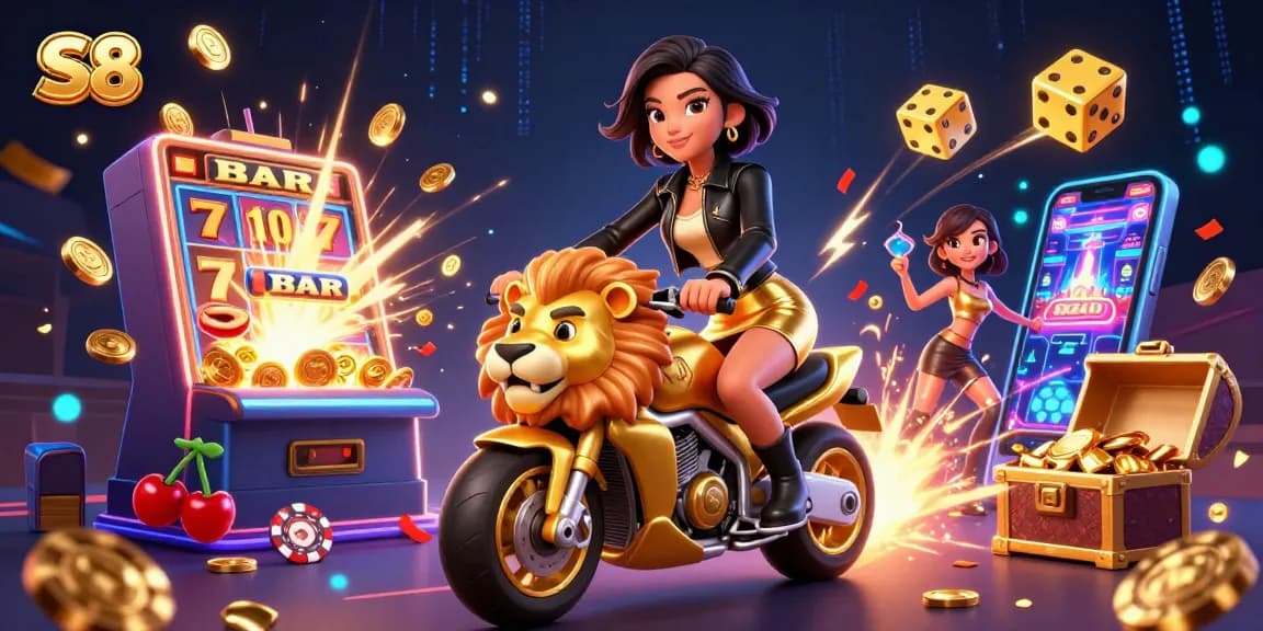 Experience the thrill of S8 slot games with exciting jackpots and vibrant visuals in this dynamic casino illustration.