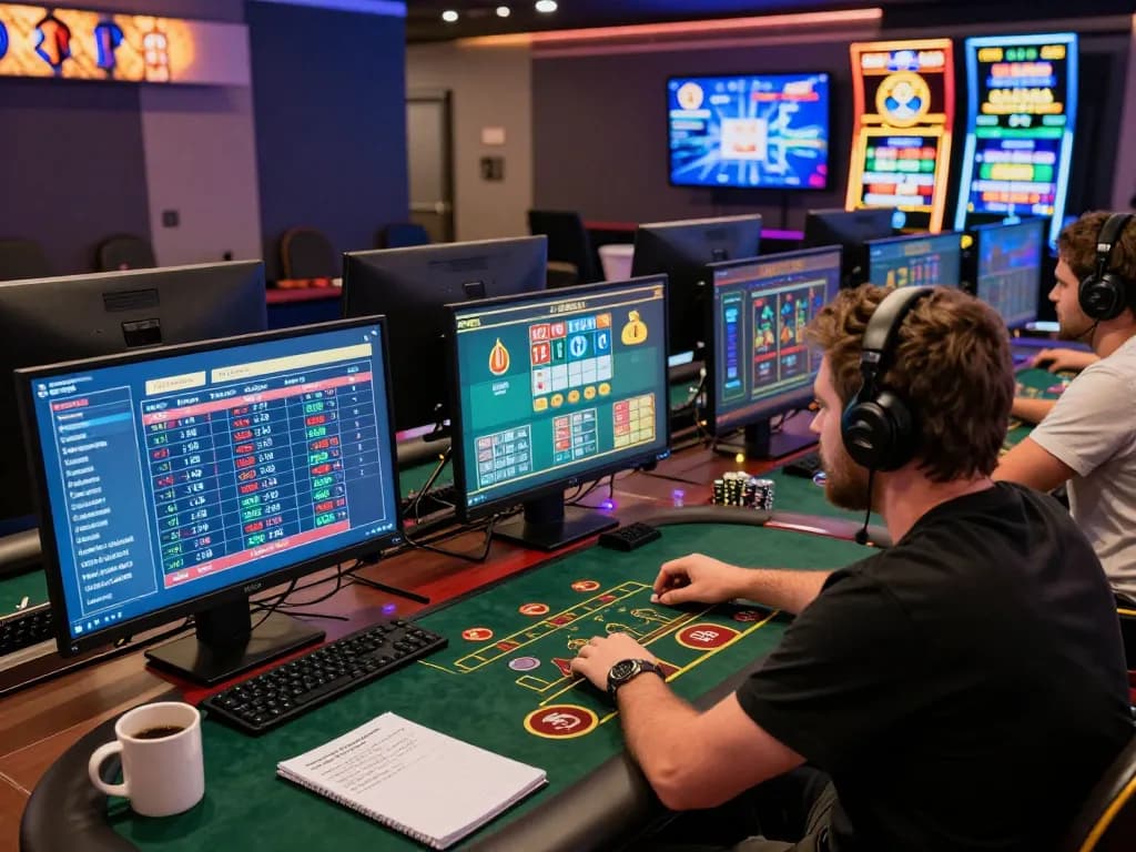 Hitclub users analyzing betting strategies on multiple screens in a professional online gaming setup