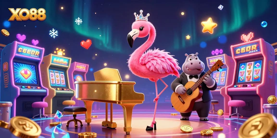 Spin the reels at XO88's vibrant casino, featuring a flamingo singer and hippo bassist.