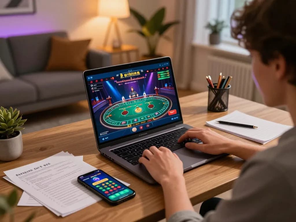 Engaging with online casino gameplay on laptop, focusing on nhacaiuytinn strategies.
