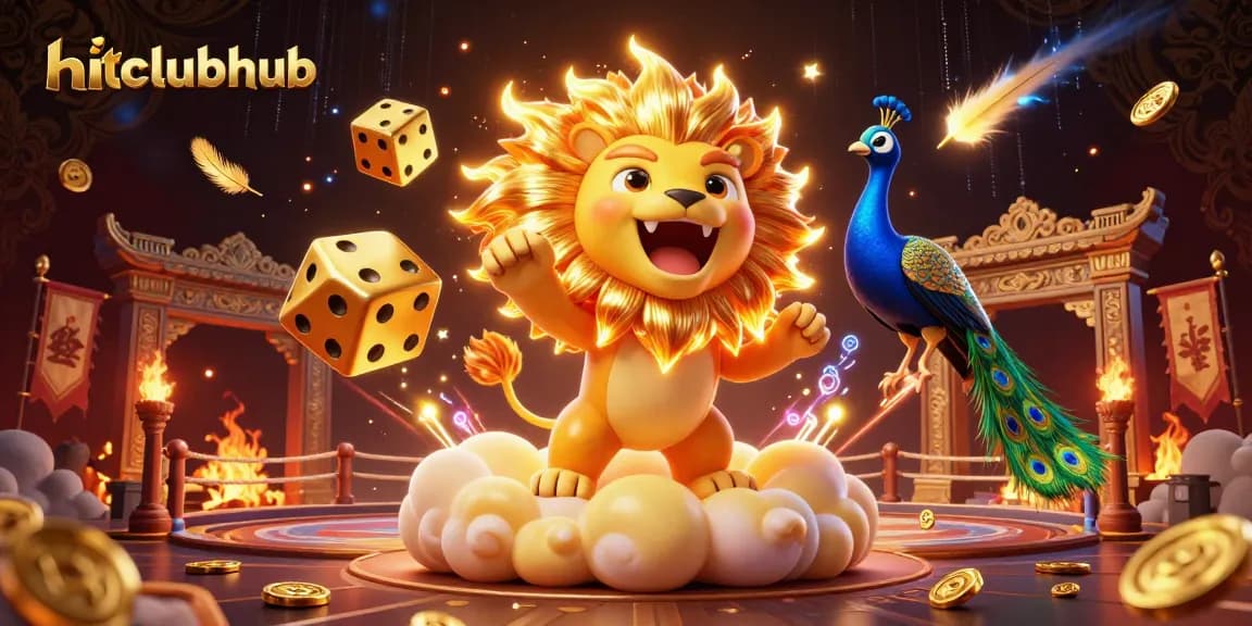Experience excitement at hitclubhub with a roaring sun lion and golden dice in a vibrant casino scene.