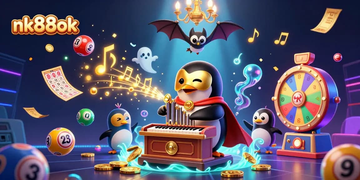 Engage with nk88ok while winning prizes at a lively lottery scene featuring a vibrant animated penguin.