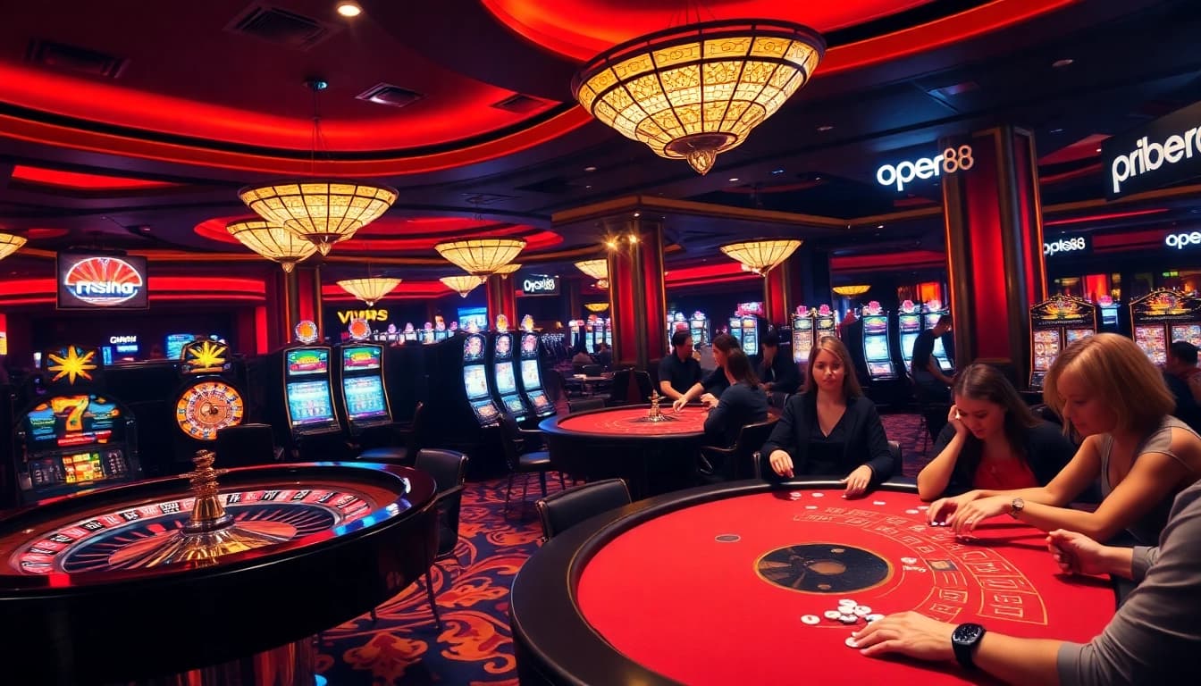 Experience the excitement of open88 at a vibrant casino with lively players and stunning gaming tables.