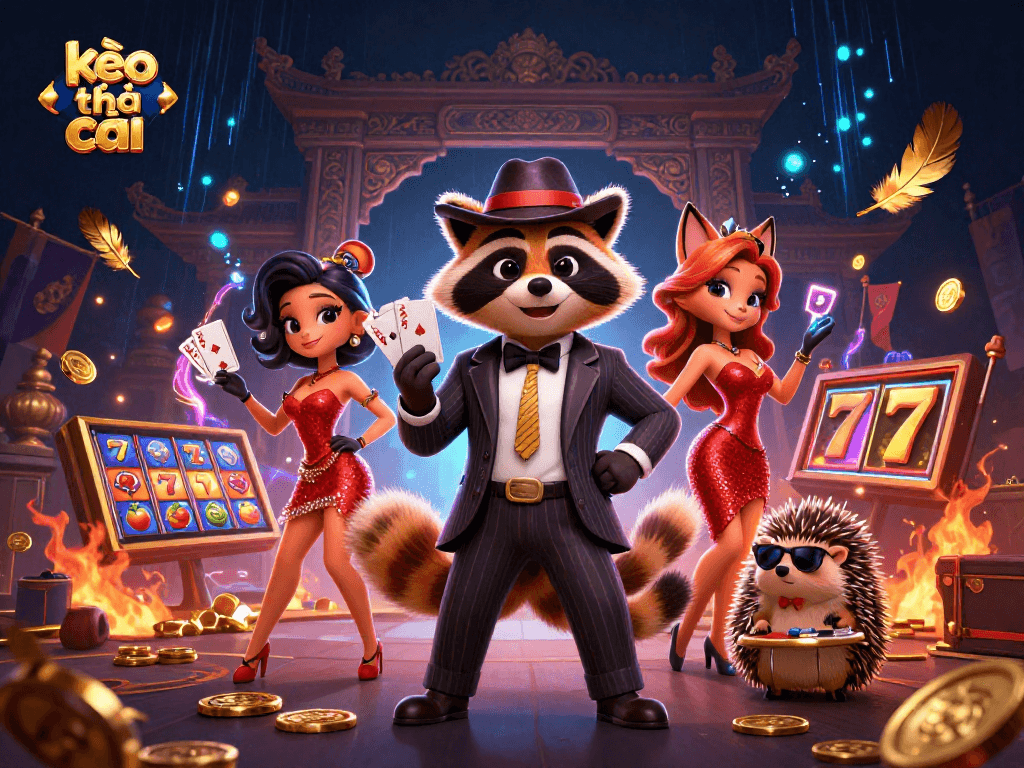 Experience kèo nhà cái excitement with a raccoon and friends in a vibrant casino scene.