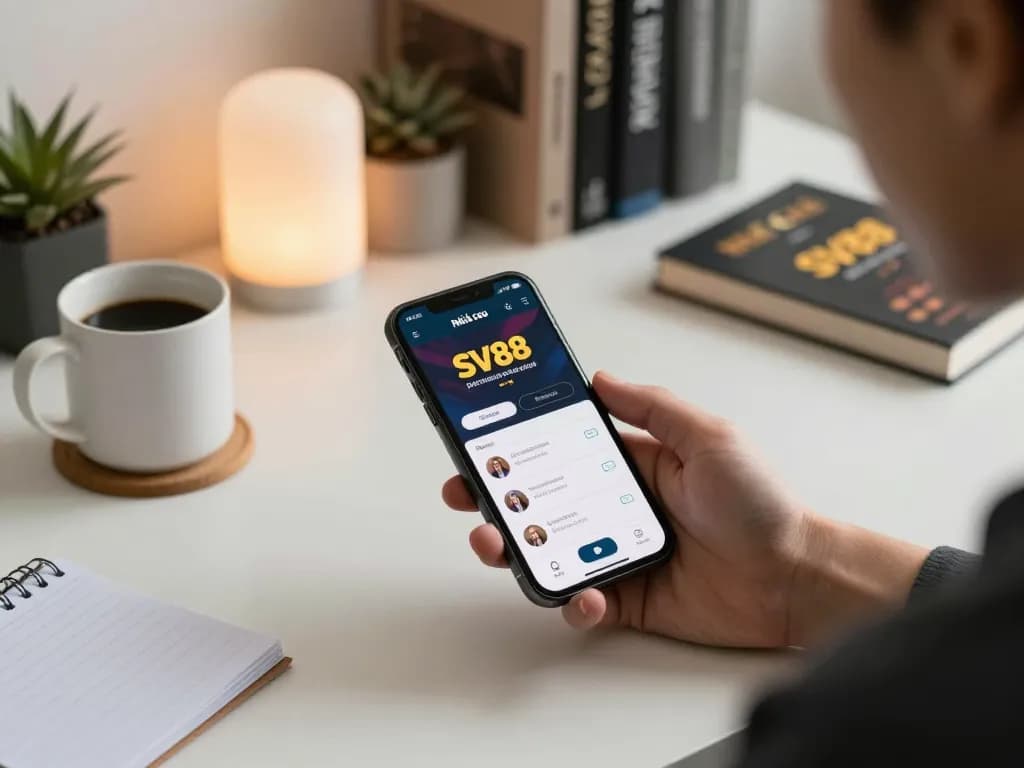 Person using Nhà cái SV88 app on smartphone in a stylish home setup for online gambling.