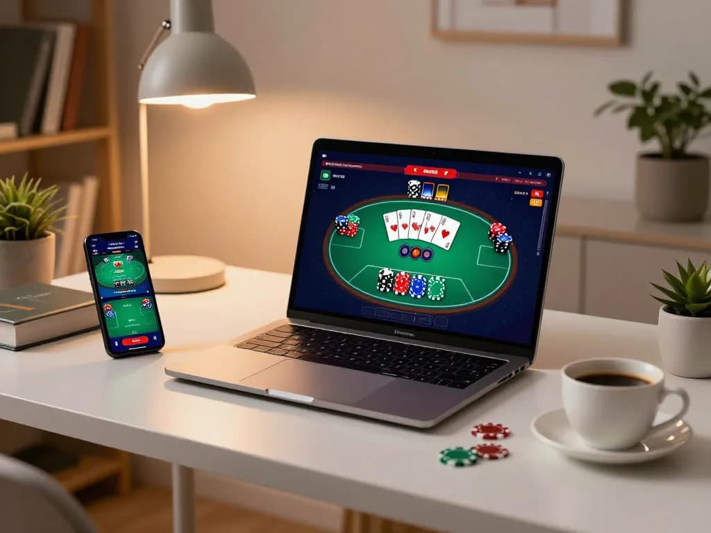 Kuwin-vn strategic online poker gaming setup showing laptop interface and betting app in cozy environment
