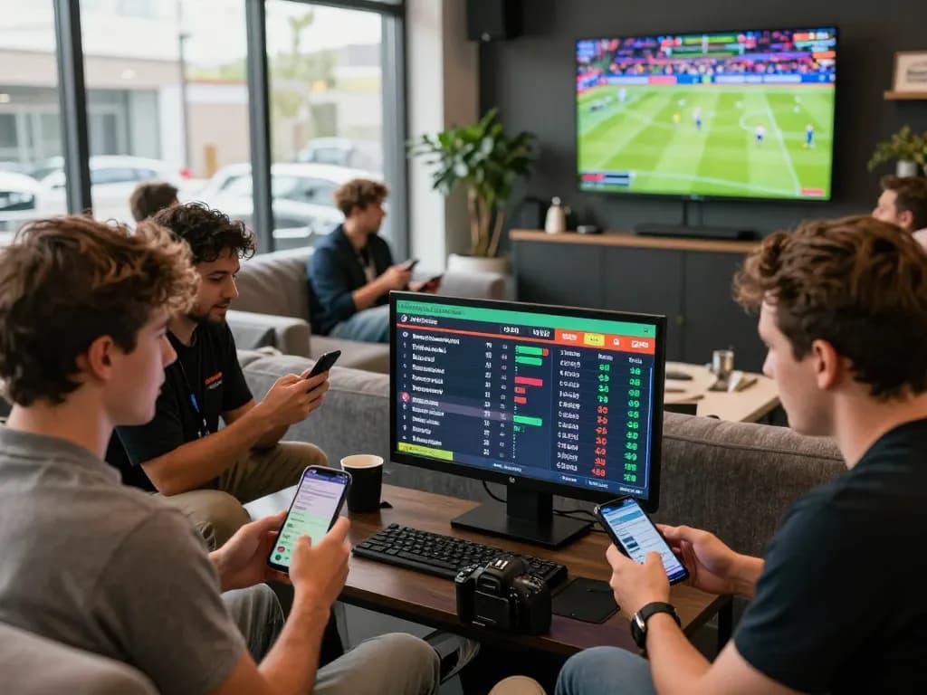 Enthusiastic players engaging in sports betting with digital odds at Sunwin venue.