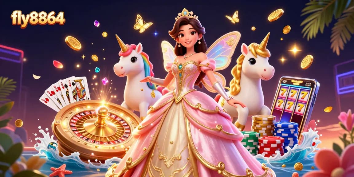 Experience the excitement of fly8864 with vibrant casino elements and enchanting characters in action.