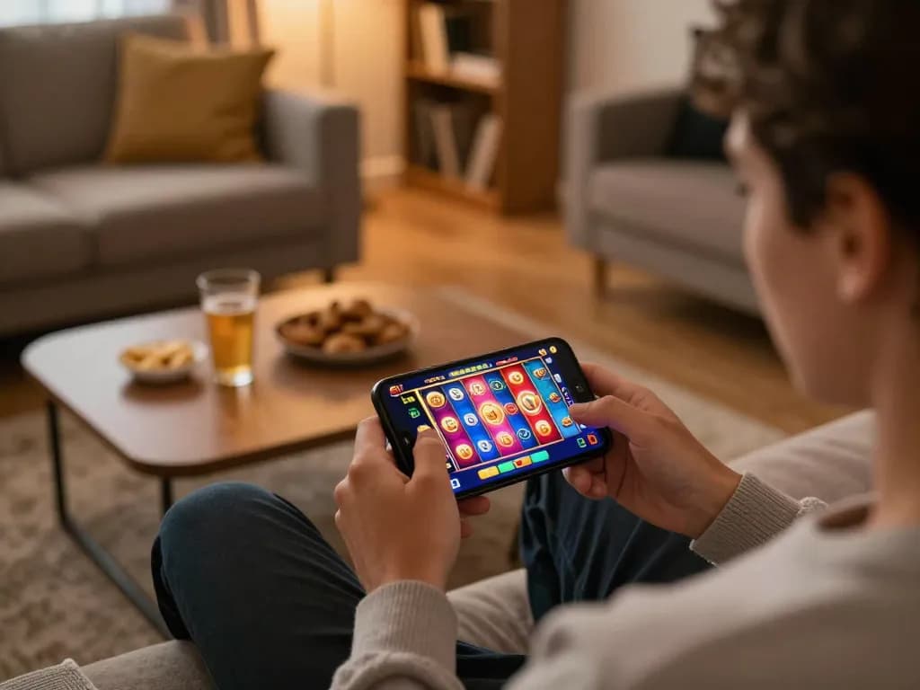 Player enjoying online slots on their smartphone in a cozy home setting that embodies responsible gaming practices at S88