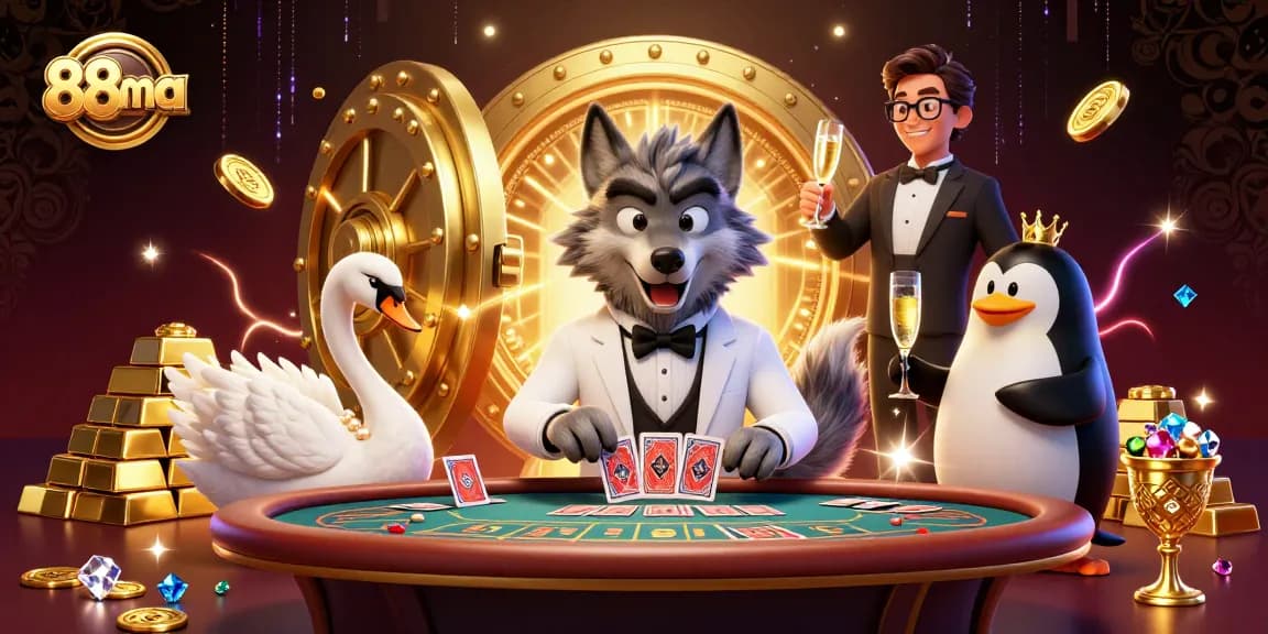 Experience thrilling bets at 88ma with a wolf and swan in an exciting baccarat scene.