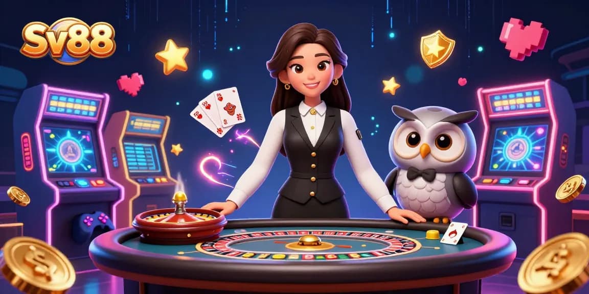 Engage in thrilling games at Sv88 with a skilled dealer and vibrant casino elements surrounding them.