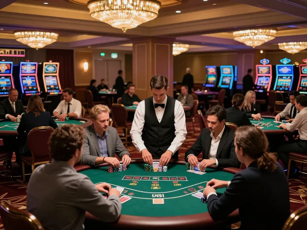 Dynamic casino scene showcasing players at poker tables, emphasizing Game bài đổi thưởng uy tín and strategic gameplay elements.