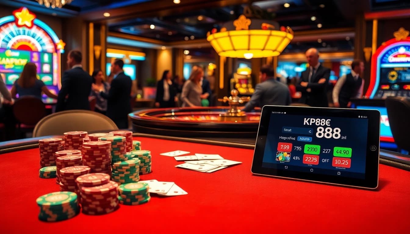 Spinning roulette and vibrant slot machine at KP88 online casino, showcasing thrilling gaming excitement.