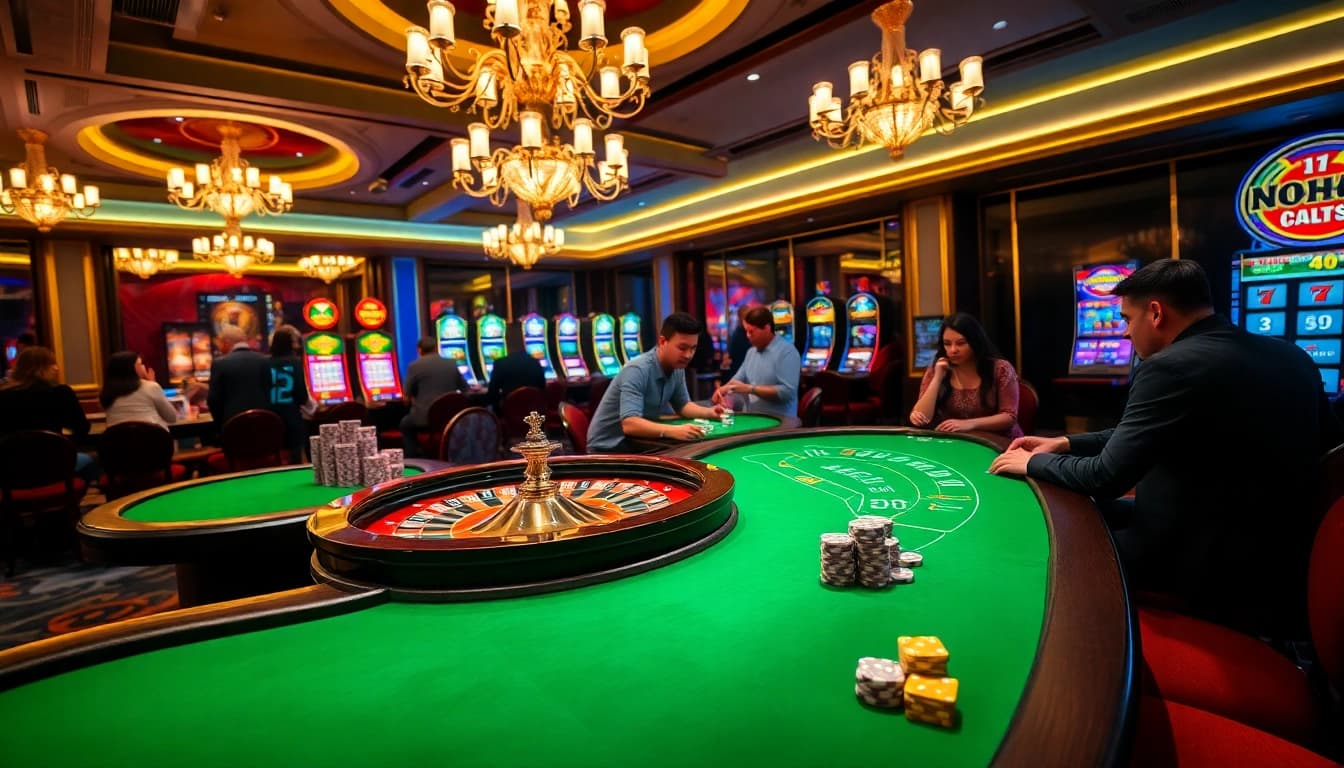 Nohu 90 casino scene with poker tables, roulette wheel, and vibrant betting atmosphere.
