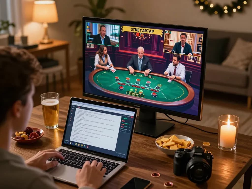 Nohu90nohu players engaged in online blackjack under cozy lighting, personal gaming setup.