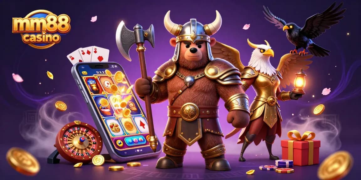 Experience thrilling gameplay at mm88 casino with a vibrant 3D illustration showcasing excitement.