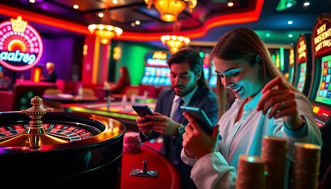 Alo 789 players engaging in an exciting online casino experience with poker chips and roulette table.