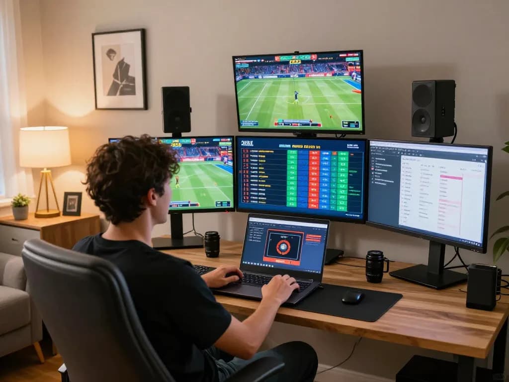 Engaging in online sports betting with TA88, featuring multiple screens displaying live games and odds.